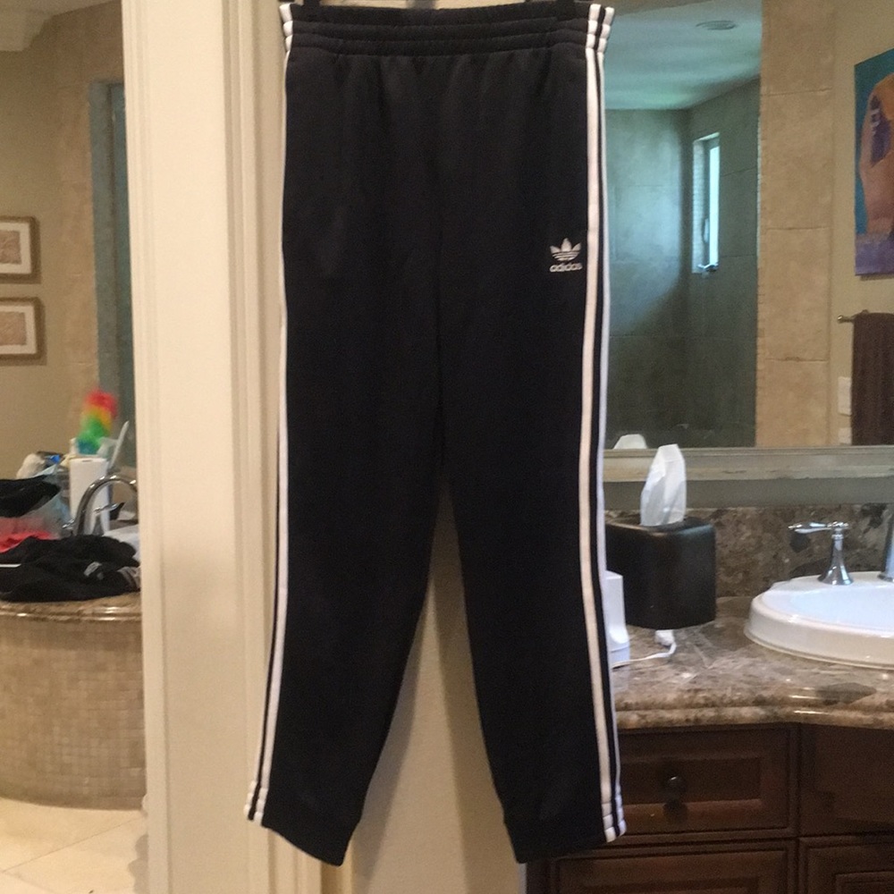 Adidas black track pants white stripes